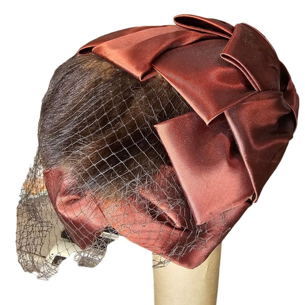 1950s Small Hat Brown Fur Fabric Bow Netting Rust Orange Organza Housewife - Picture 11 of 11